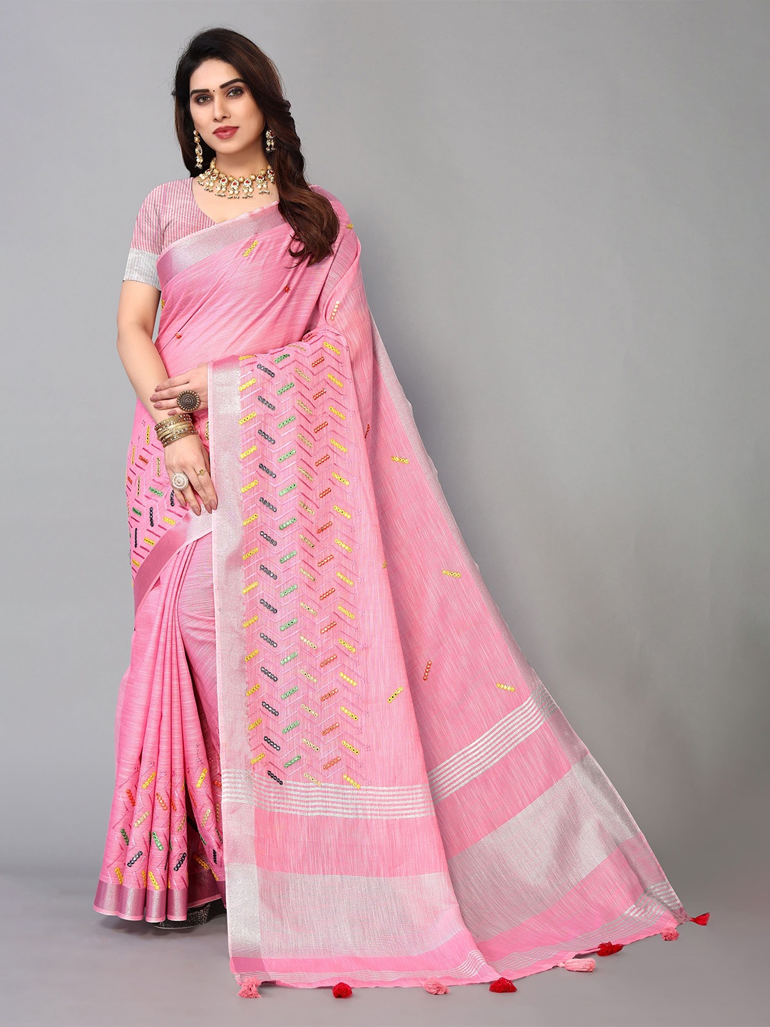 

NIRMAL CREATION Ethnic Motifs Embroidered Maheshwari Saree, Pink