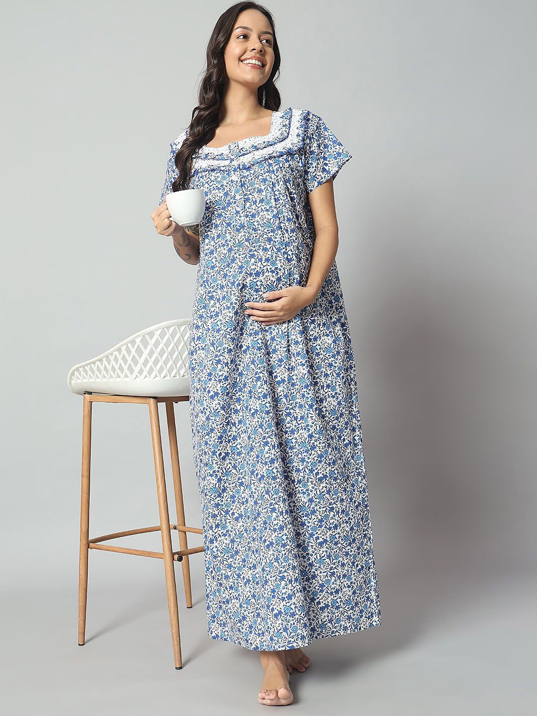 

SEPHANI Ethnic Motifs Printed Square Neck Pure Cotton Maxi Nightdress, Blue