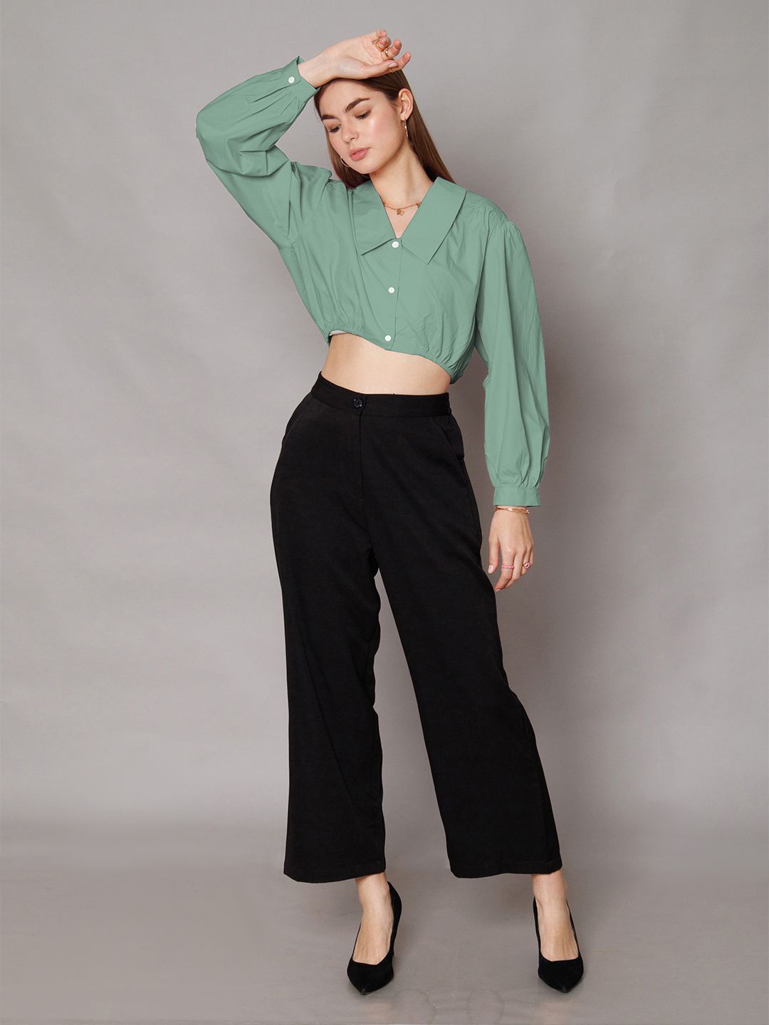 

Zink London Women Spread Collar Solid Cotton Relaxed Fit Casual Shirt, Sea green