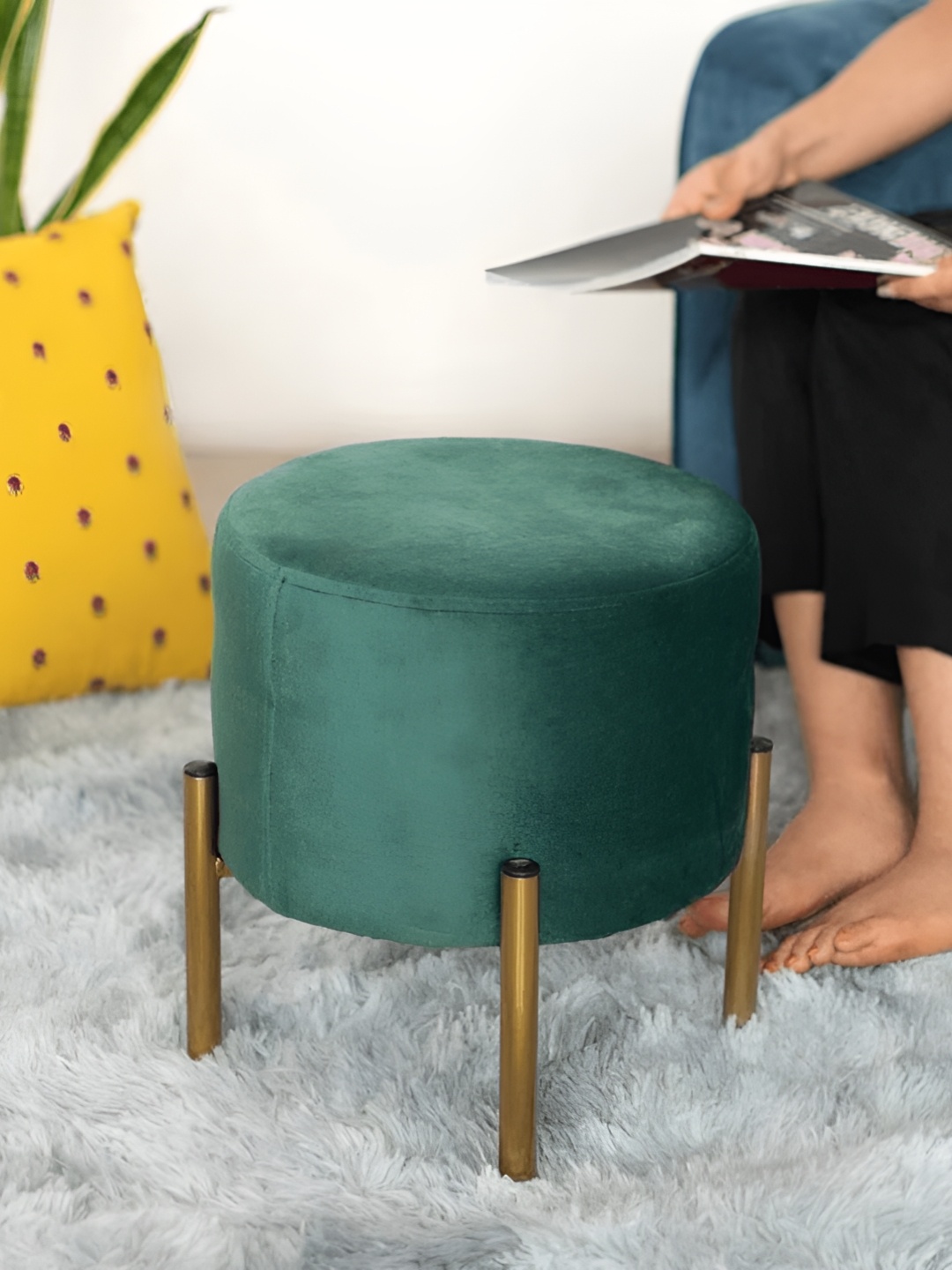 

Wooden Twist Green Velvet Round Ottoman