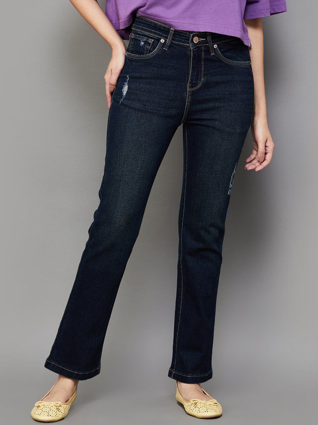 

Xpose Women Cotton Comfort Bootcut High-Rise Low Distress Stretchable Jeans, Navy blue