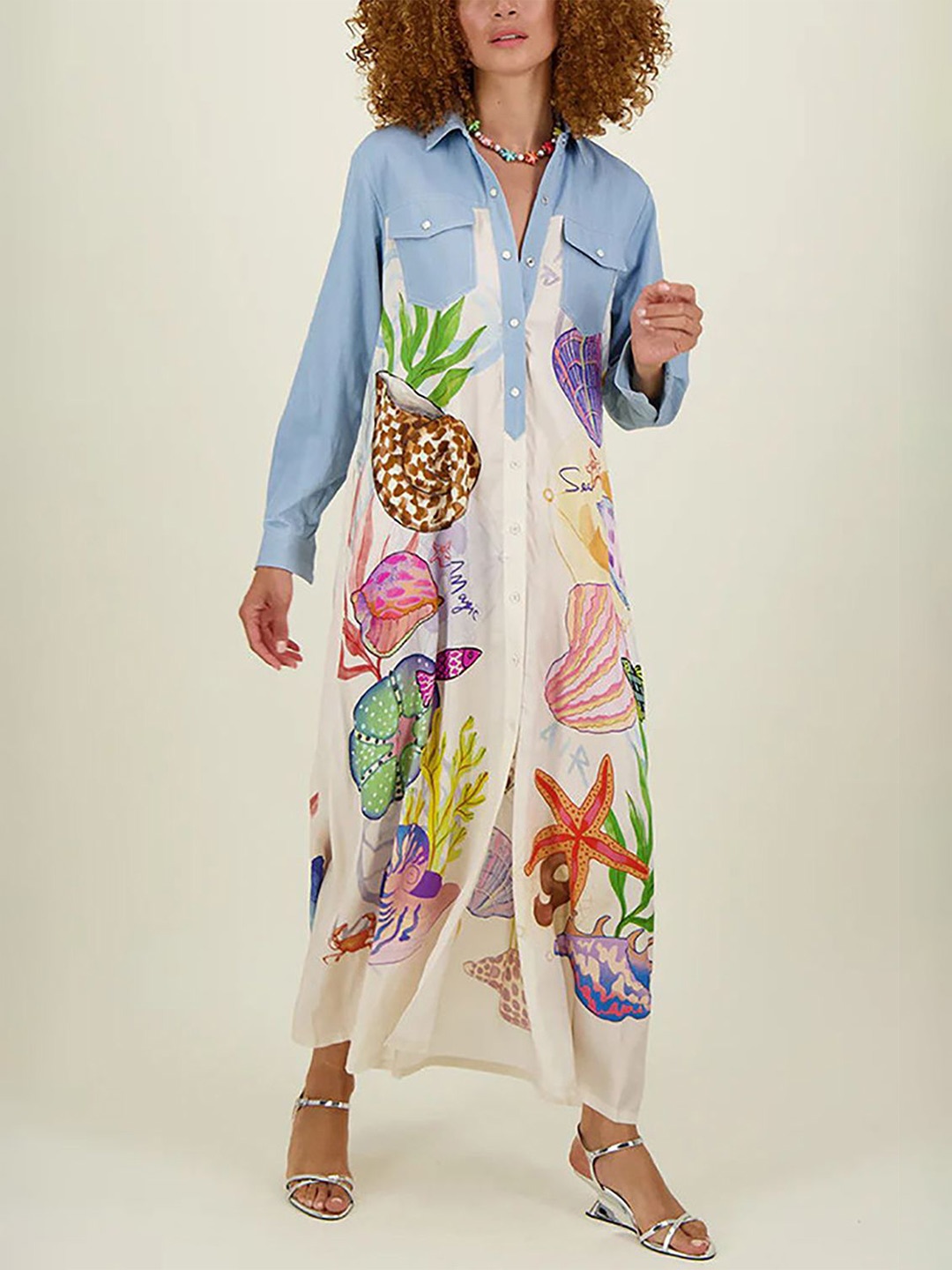 

StyleCast x Revolte Women Tropical Printed Shirt Maxi Dress, Blue