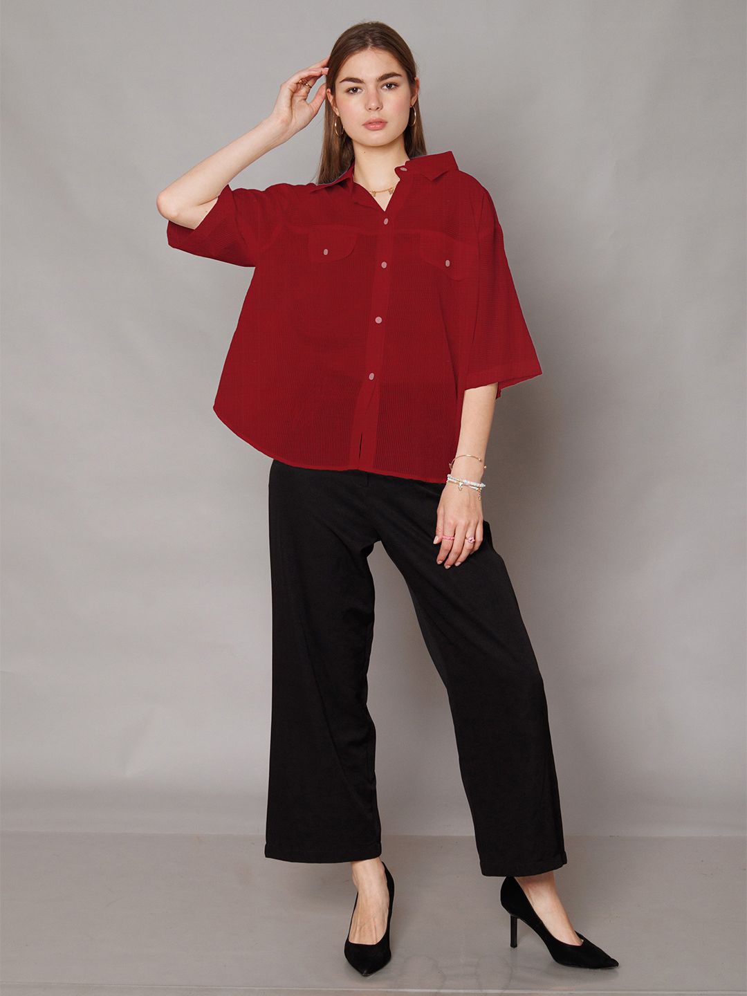 

Zink London Women Spread Collar Solid Relaxed Fit Casual Shirt, Red