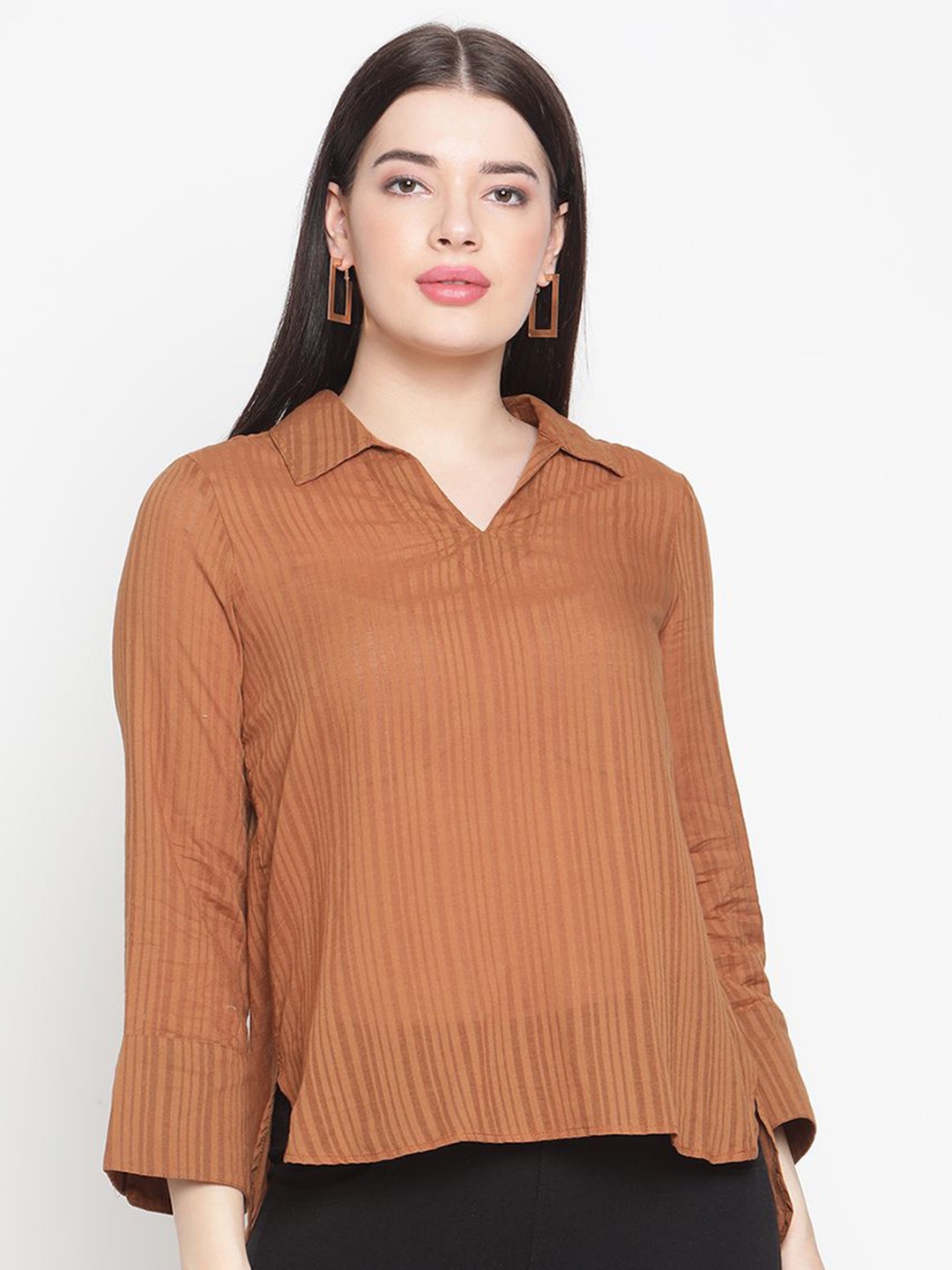 

Amagyaa Women Striped Shirt Collar Cotton Top, Beige