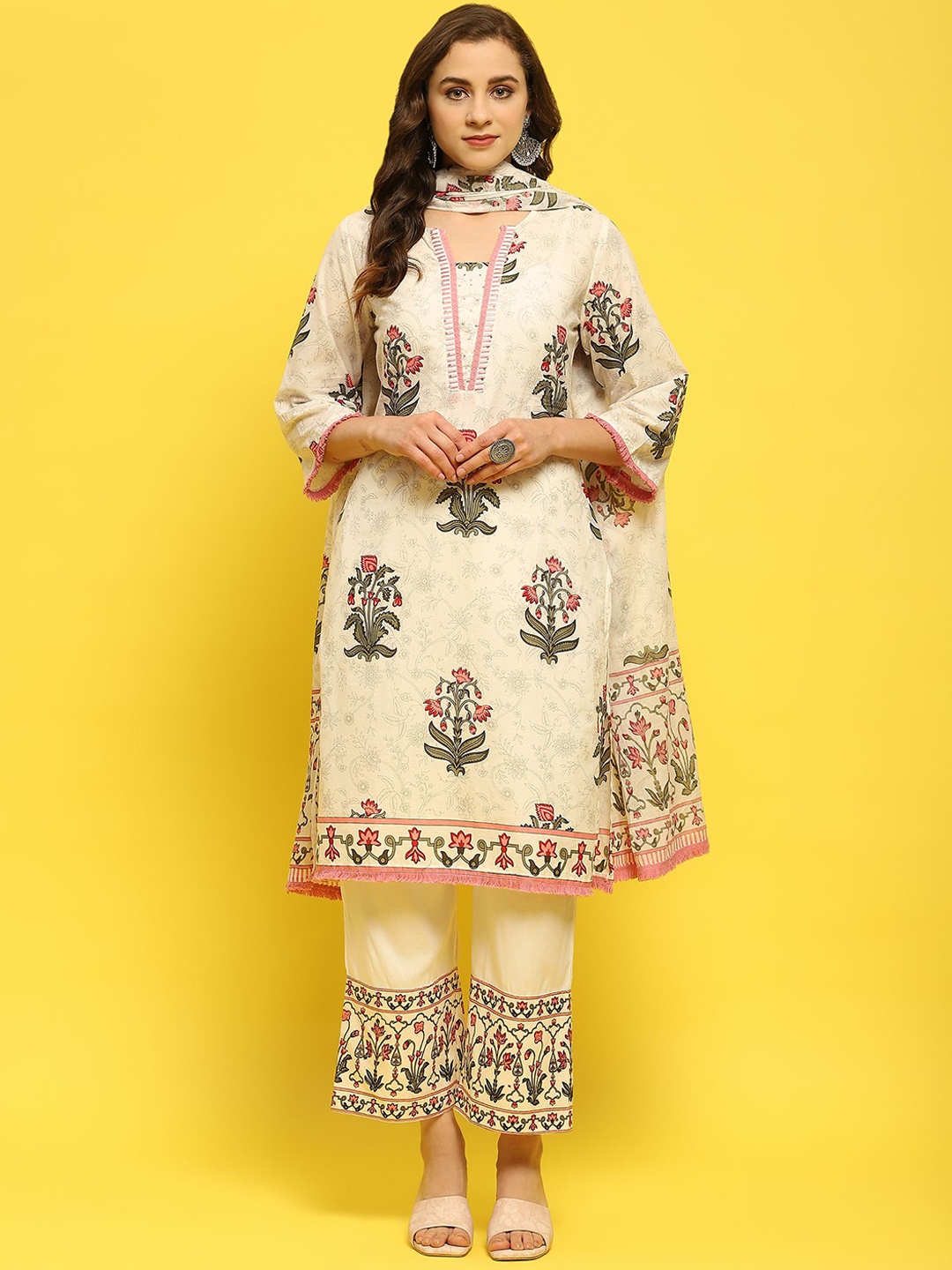 

Shree Floral Printed Sequinned Pure Cotton Straight Kurta With Trousers & Dupatta, White