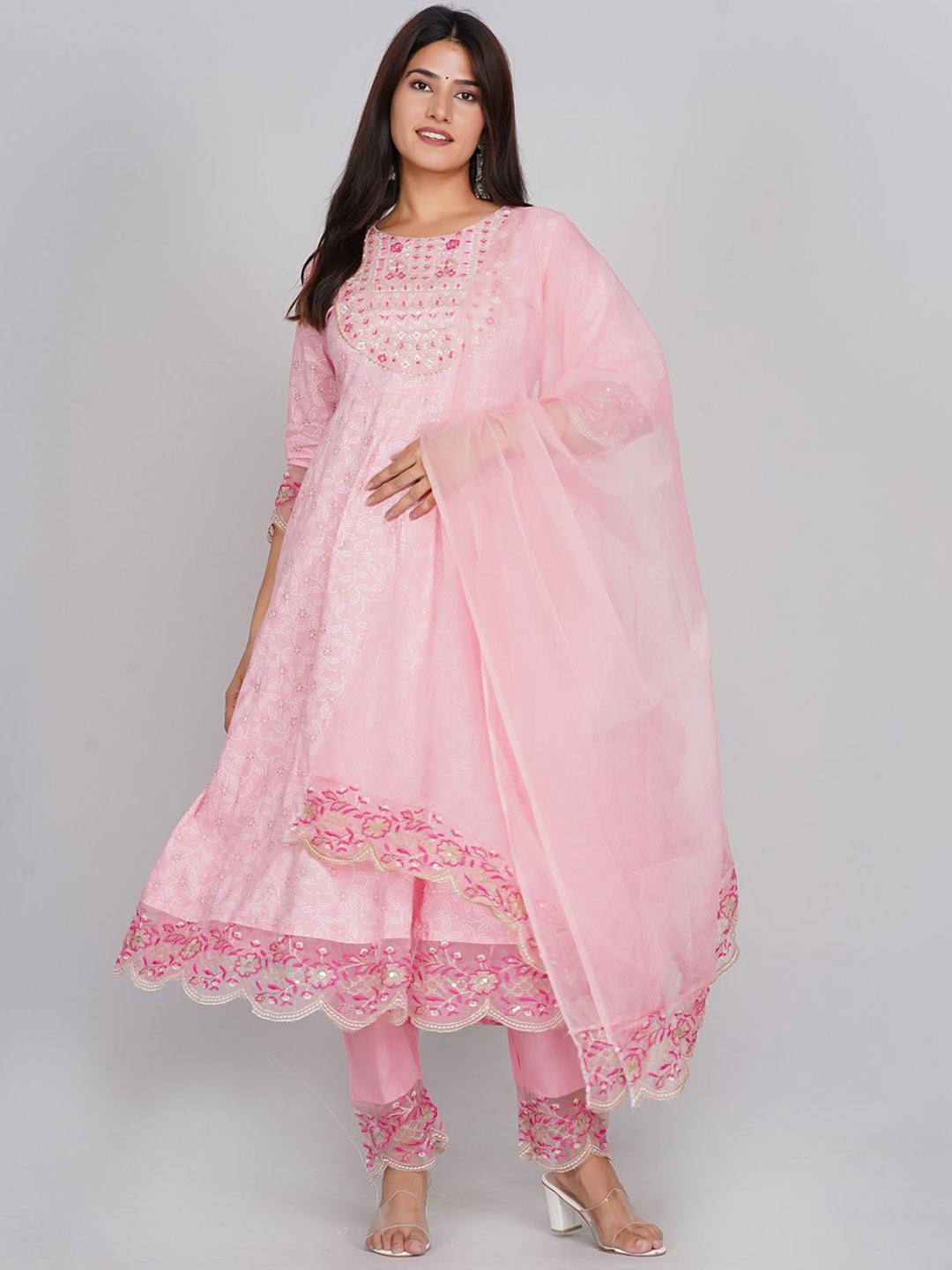 

KALINI Bandhani Printed Pure Cotton Anarkali Kurta with Trousers & Dupatta, Pink