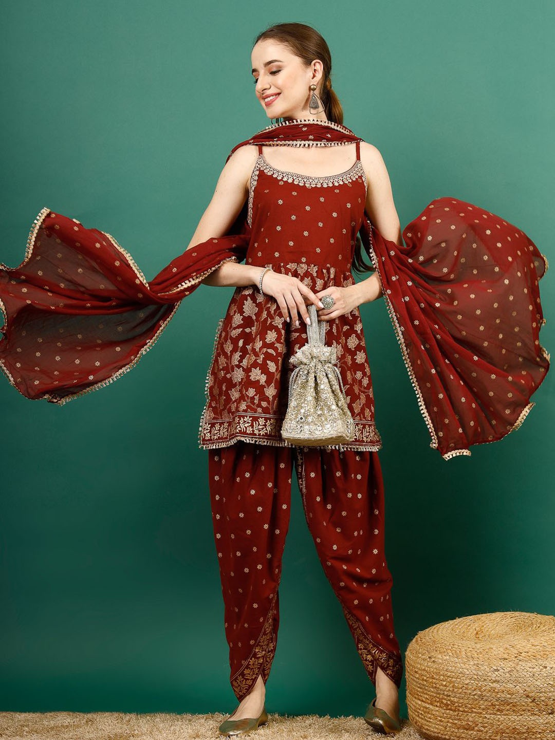 

Sangria Floral Embroidered Kurta with Dhoti Pants & Dupatta, Maroon