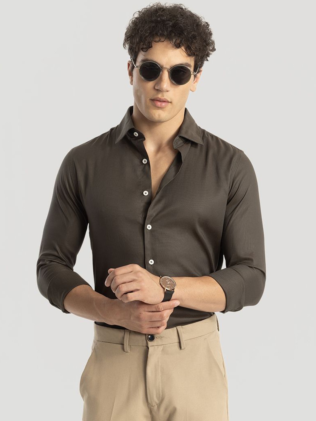 

Snitch Men Smart Spread Collar Solid Cotton Slim Fit Formal Shirt, Olive