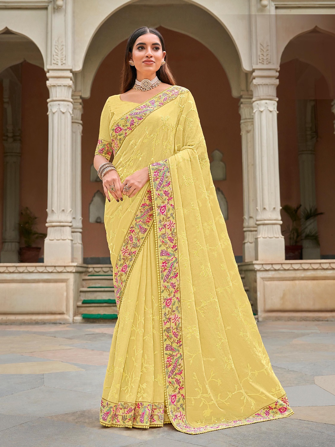 

Laxmipati Floral Embroidered Poly Chiffon Saree, Yellow