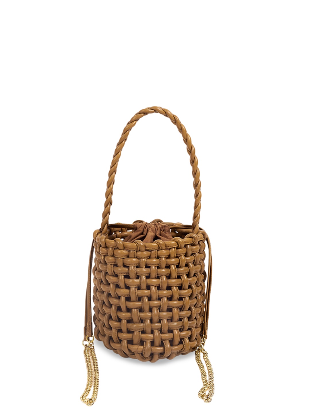 

Oddcat Twill Lining Braided Leather Bucket Bag, Tan