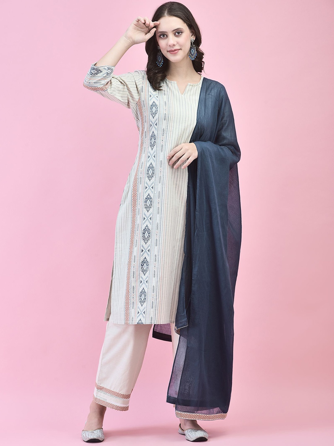 

Shree Geometric Printed Notch Neck Pure Cotton Straight Kurta With Trousers & Dupatta, Grey