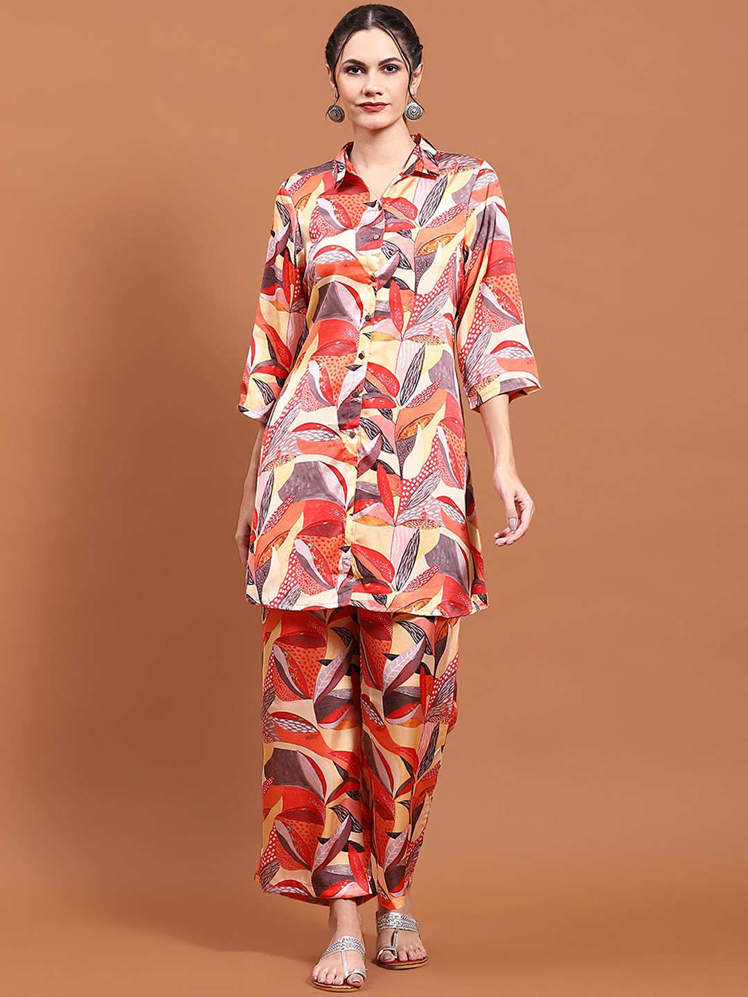 

Shree Floral Printed Shirt Collar Top With Trousers, Orange