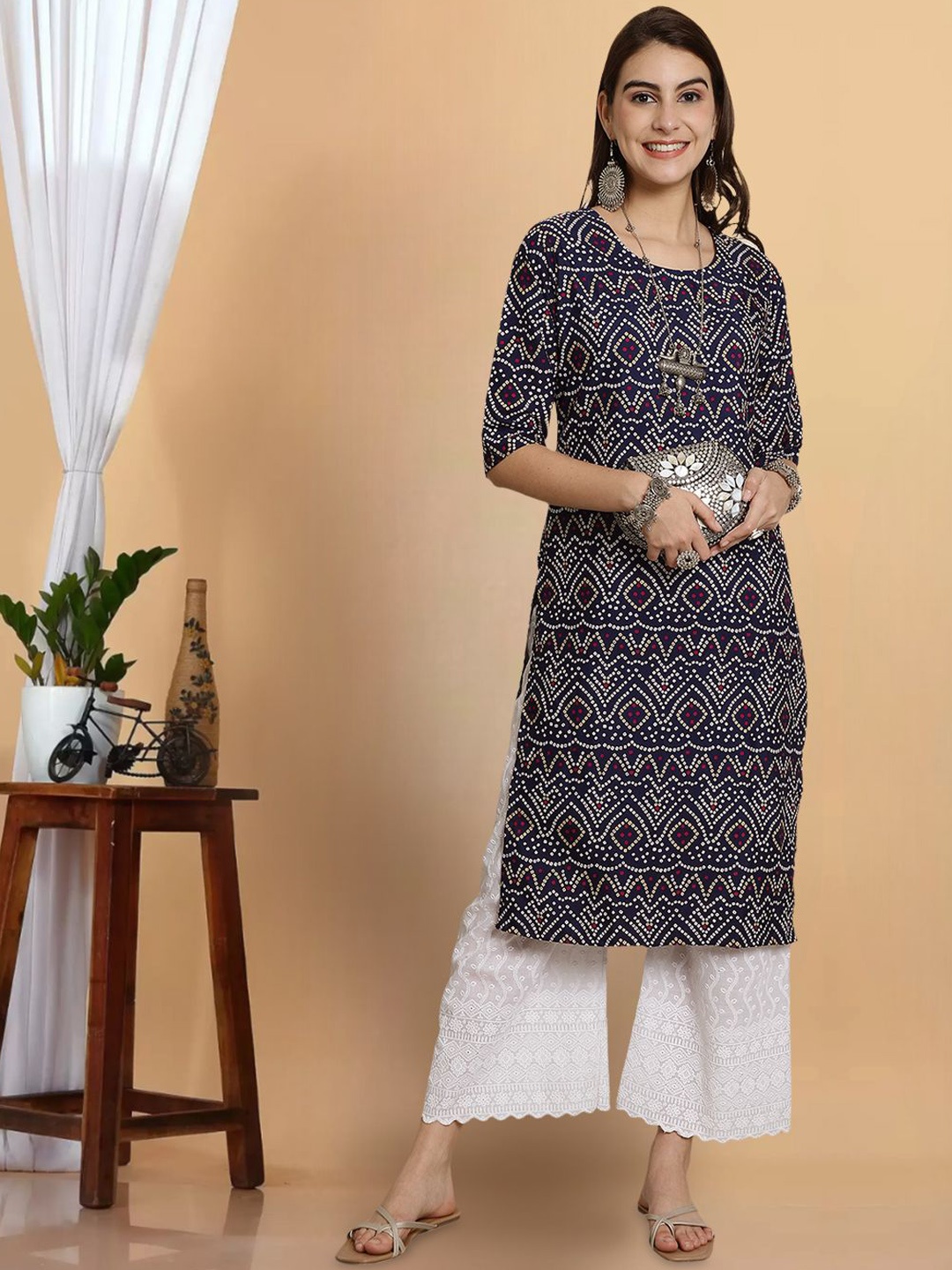 

7Threads Bandhani Printed Round Neck Straight Kurta, Navy blue