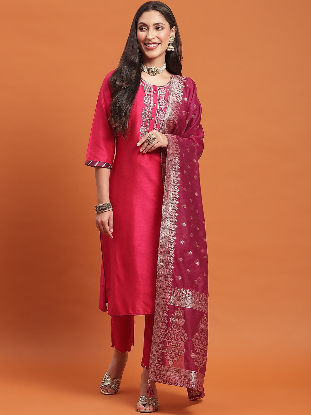 

Shree Floral Yoke Design Embroidered Round Neck Zari Kurta With Trousers & Dupatta, Fuchsia