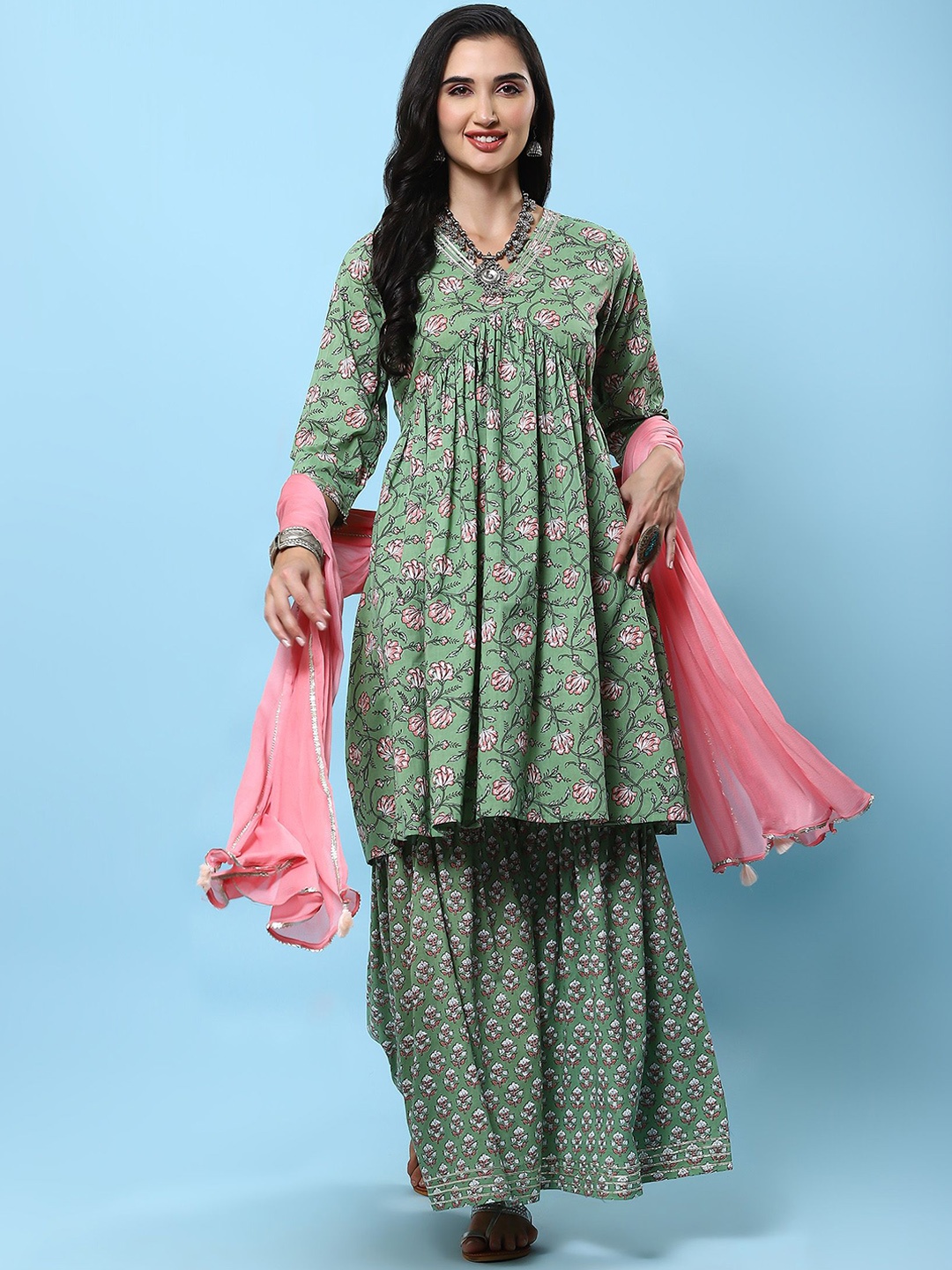 

Shree Floral Printed Empire Pure Cotton A-Line Kurta with Sharara & Dupatta, Green