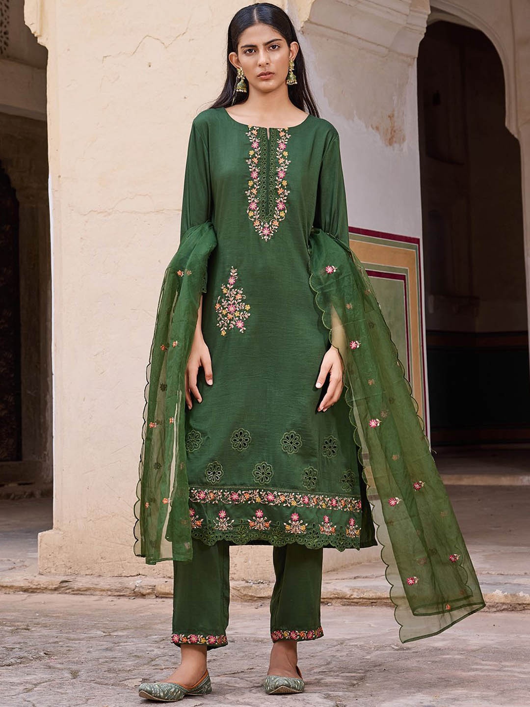 

KALINI Floral Embroidered Straight Kurta with Trousers & Dupatta, Green