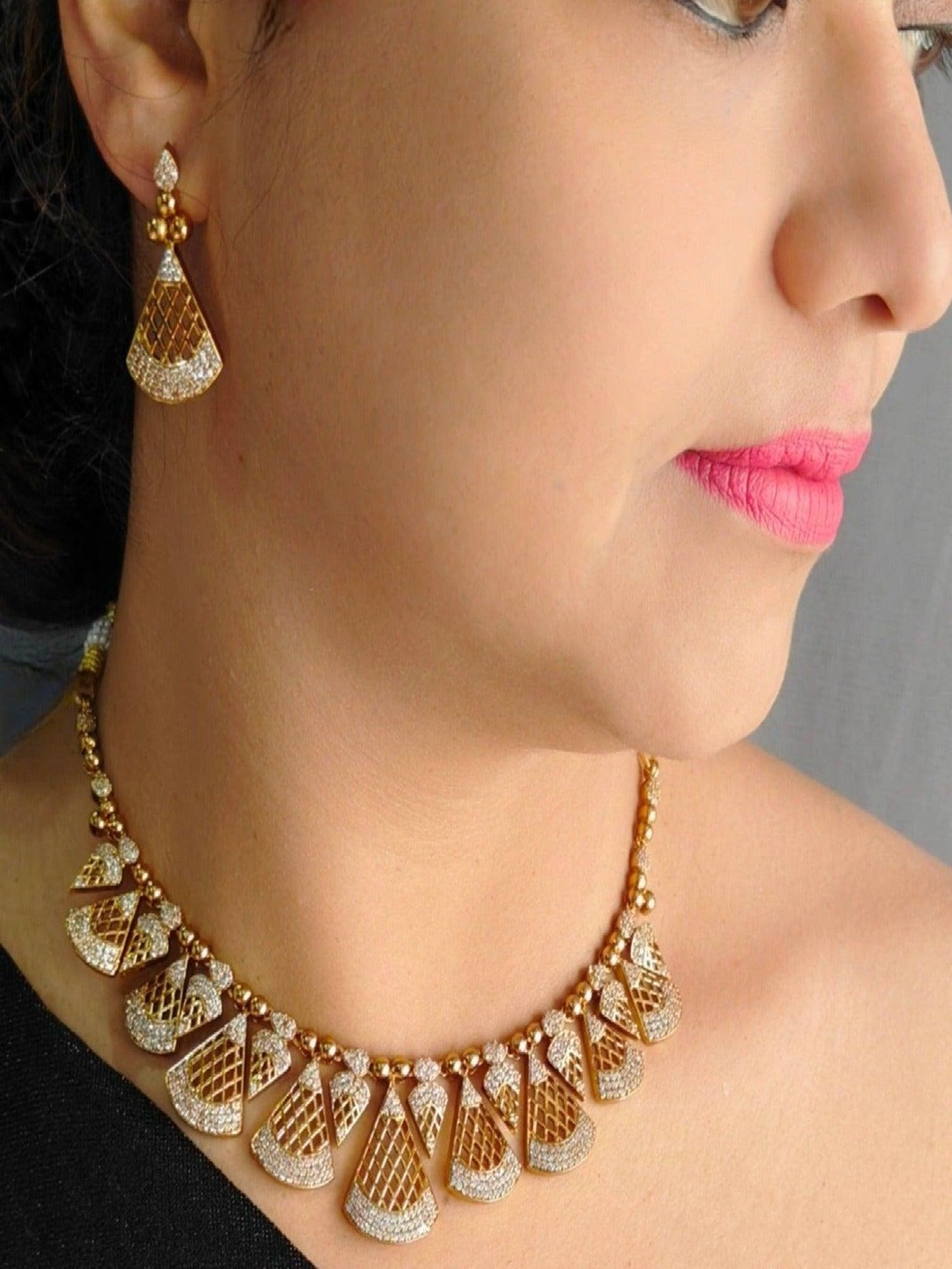 

GRIIHAM Gold-Plated Cubic Zirconia Studded Jaali work Necklace and Earrings