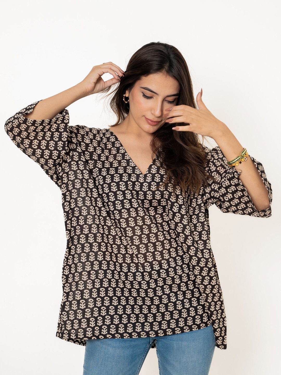 

GulaboJaipur Women Floral Printed V-Neck Cotton Top, Black