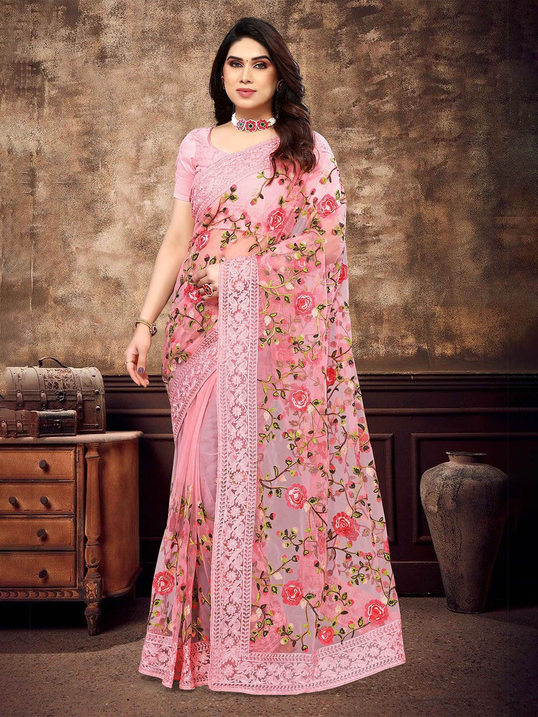 

NIRMAL CREATION Floral Embroidered Maheshwari Saree, Pink