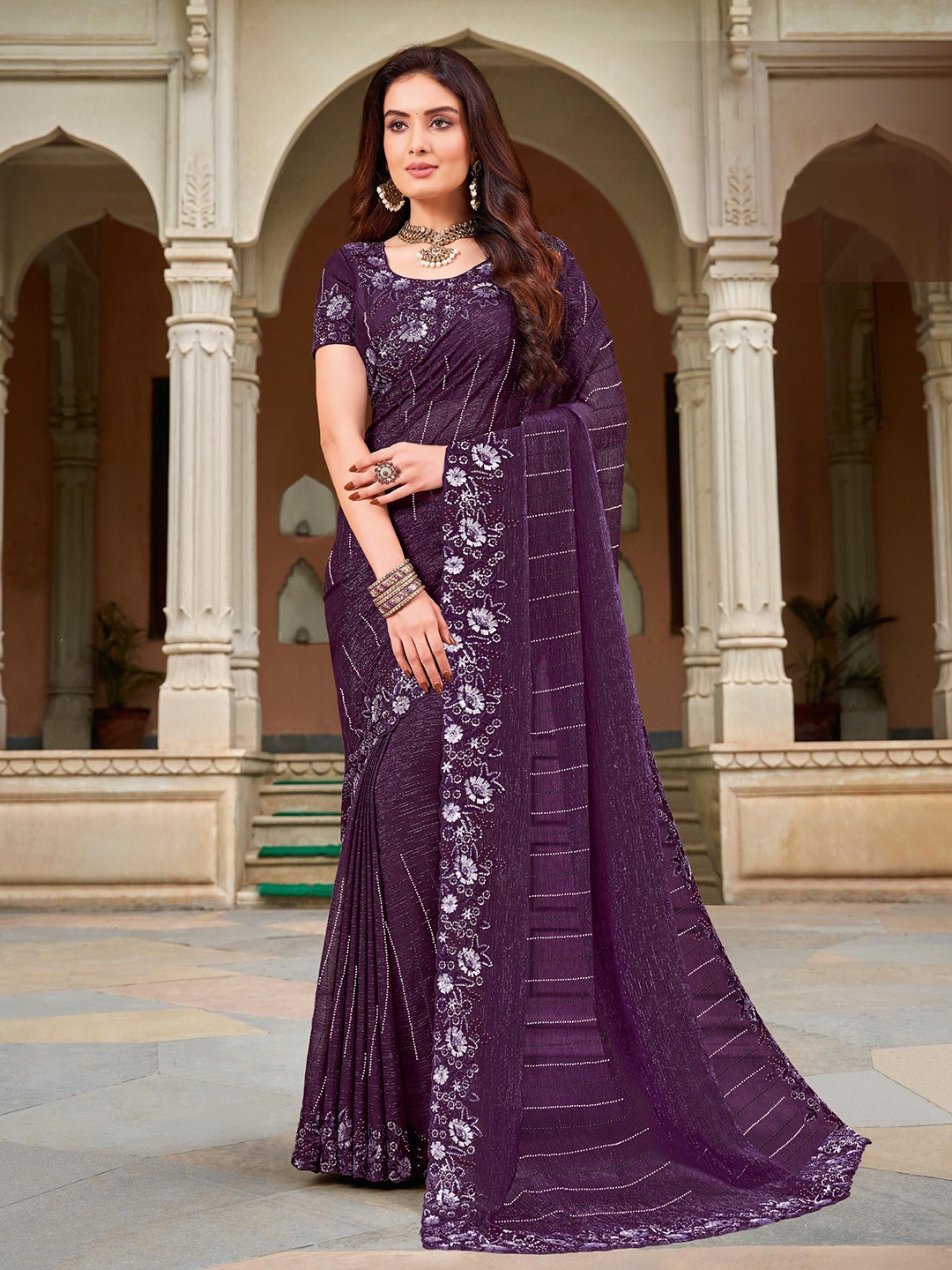 

Laxmipati Floral Sequinned Saree, Violet