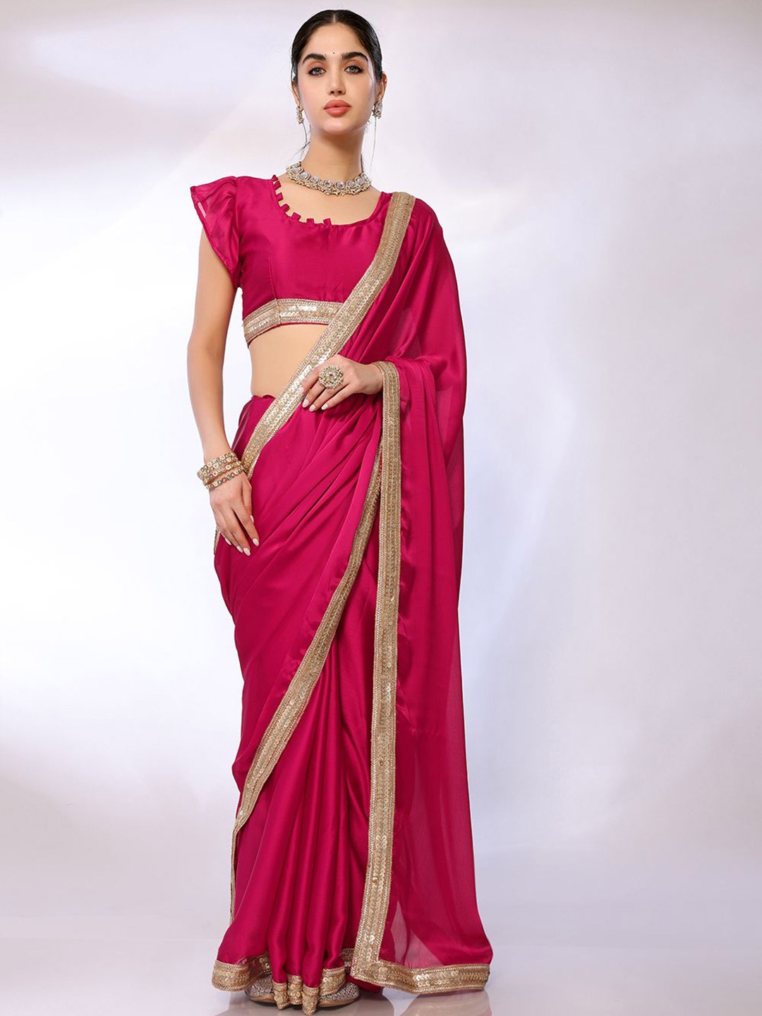 

FABMORA Sequinned Saree, Pink