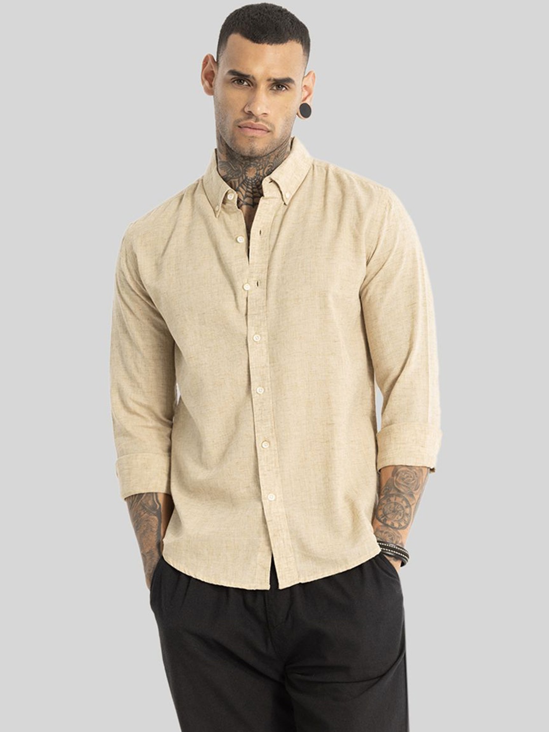 

Snitch Men Smart Button-Down Collar Solid Lyocell Slim Fit Casual Shirt, Khaki