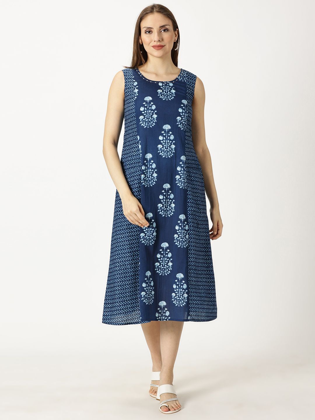 

Saffron Threads Ethnic Motifs Printed A-Line Midi Dress, Navy blue