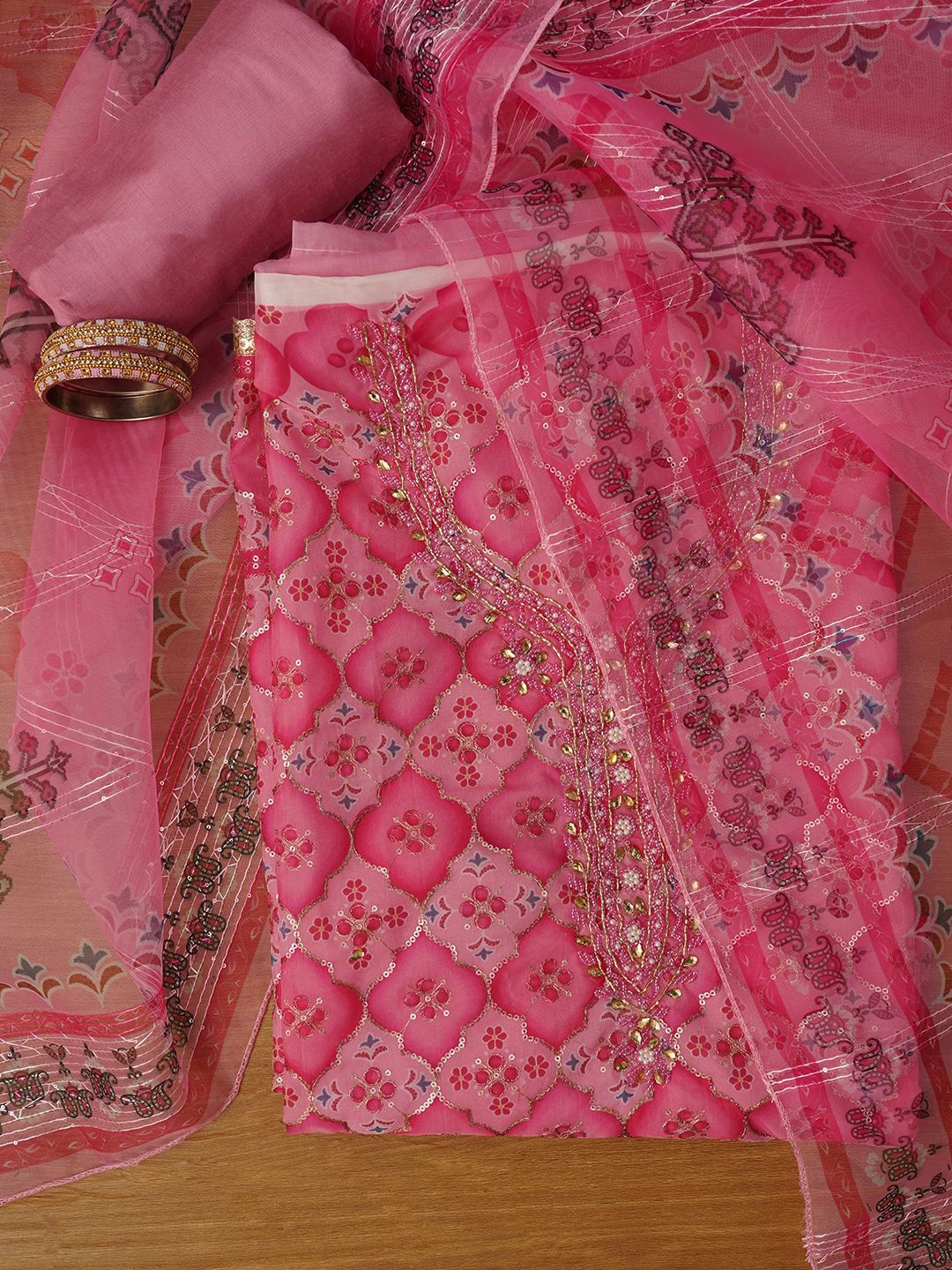 

Jaipur Kurti Unstitched Embroidered Organza Dress Material With Dupatta, Pink