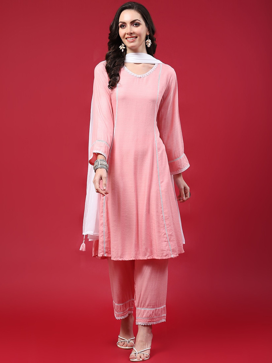 

Shree V-Neck A-Line Kurta With Trousers & Dupatta, Pink