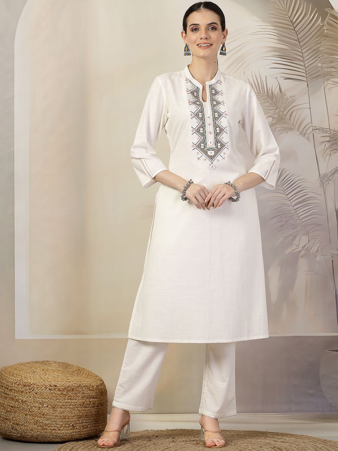 

Nayam By Lakshita Ethnic Motifs Yoke Design Thread Work Cotton Linen Kurta With Trousers, White