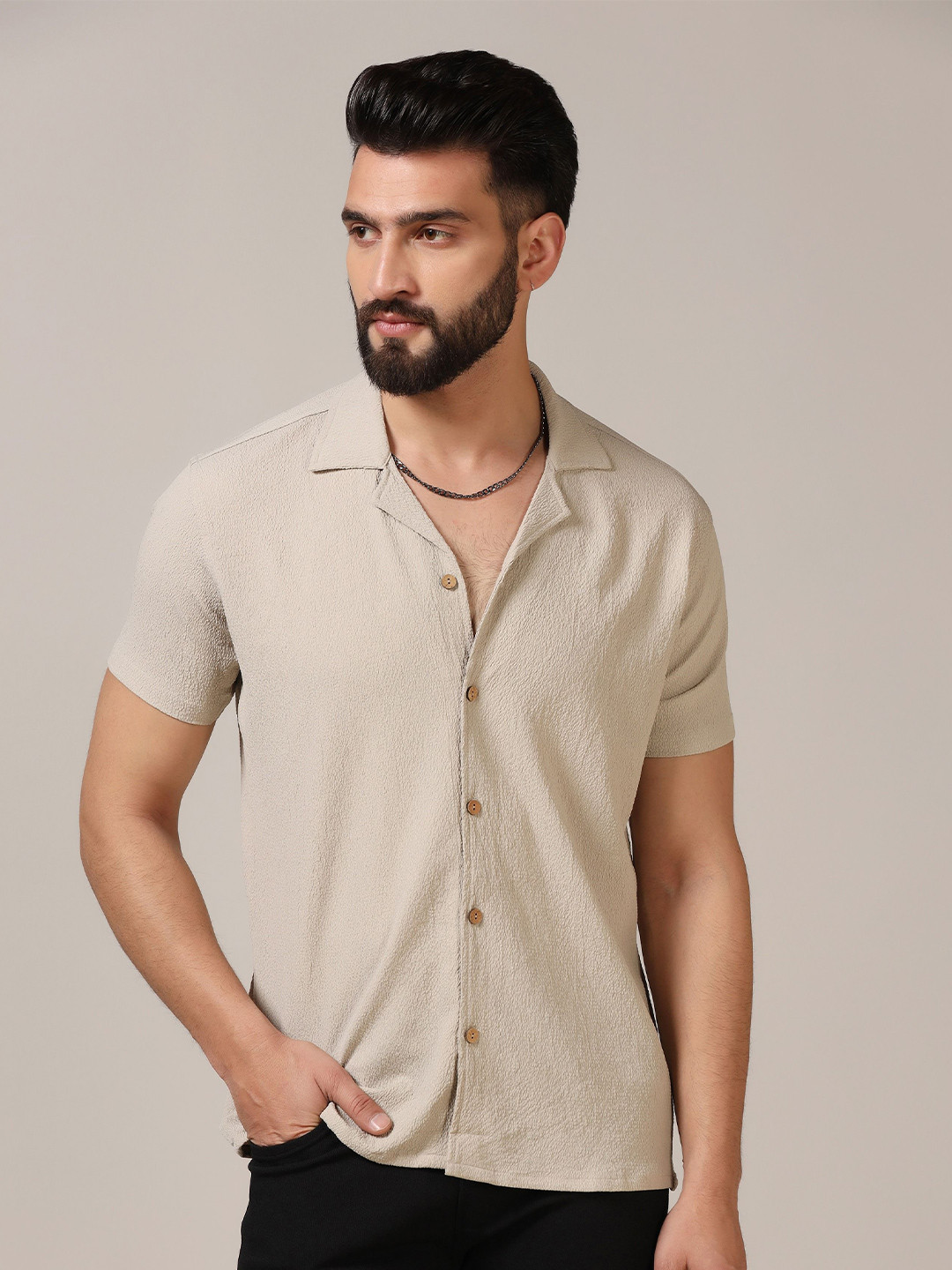 

TAGDO Men Standard Cuban Collar Textured Solid Casual Shirt, Cream