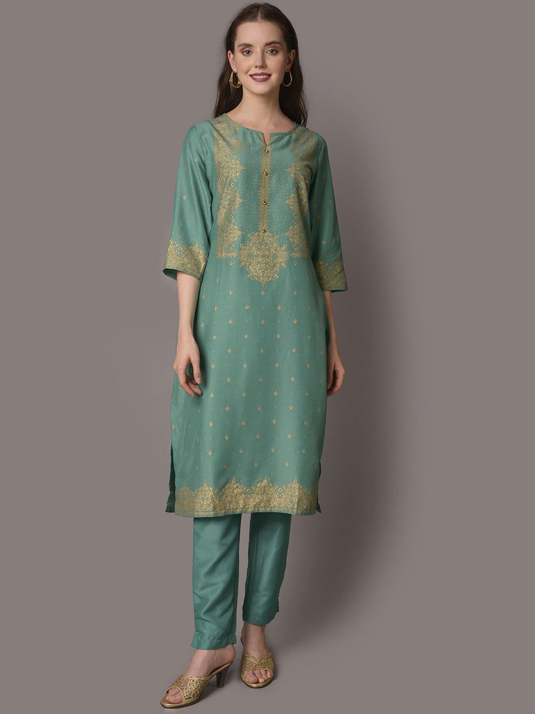 

Shree Floral Printed Notch Neck Straight Kurta with Trousers, Green