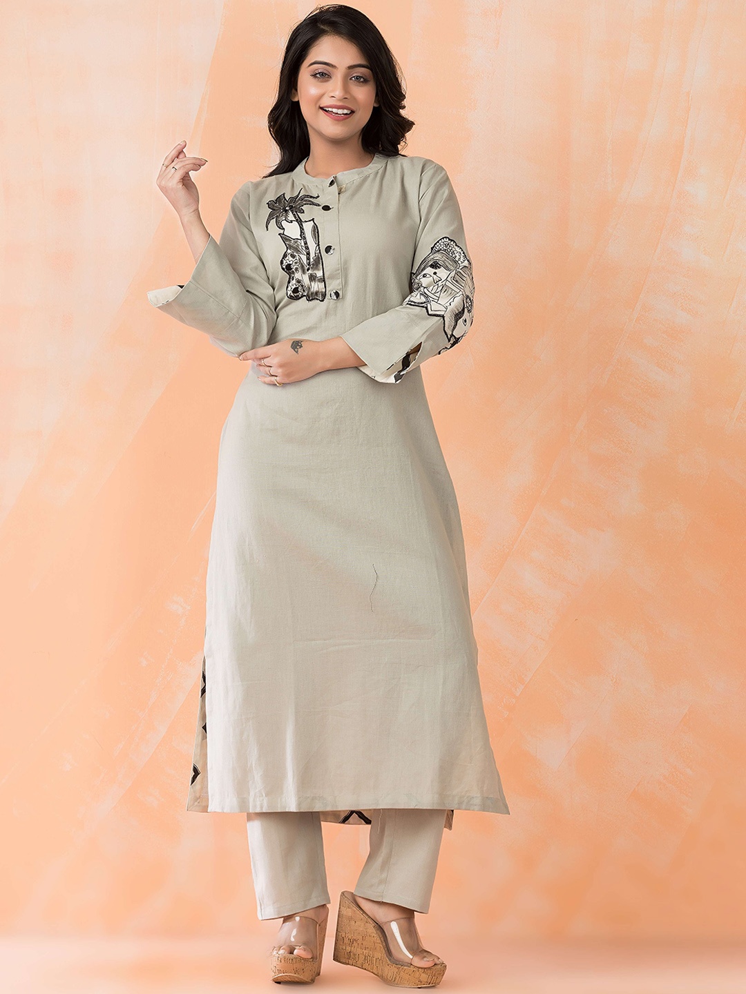 

SACRED SUTA Embroidered Mandarin Collar Pure Cotton Kurta with Trousers, Beige