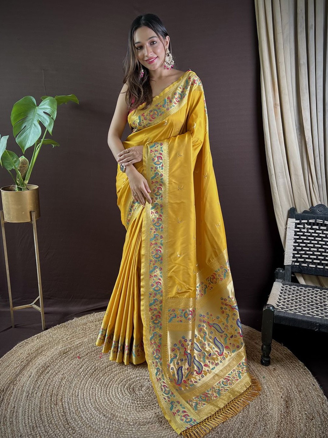 

Ekta Textiles Woven Design Zari Pure Silk Designer Paithani Saree, Yellow