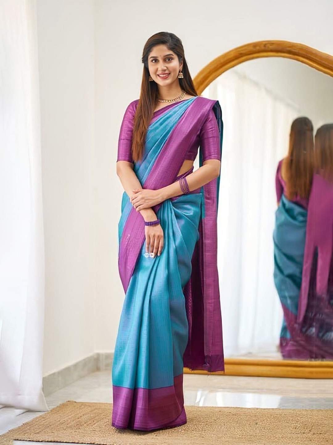 

Aika Woven Design Zari Pure Silk Saree, Turquoise blue