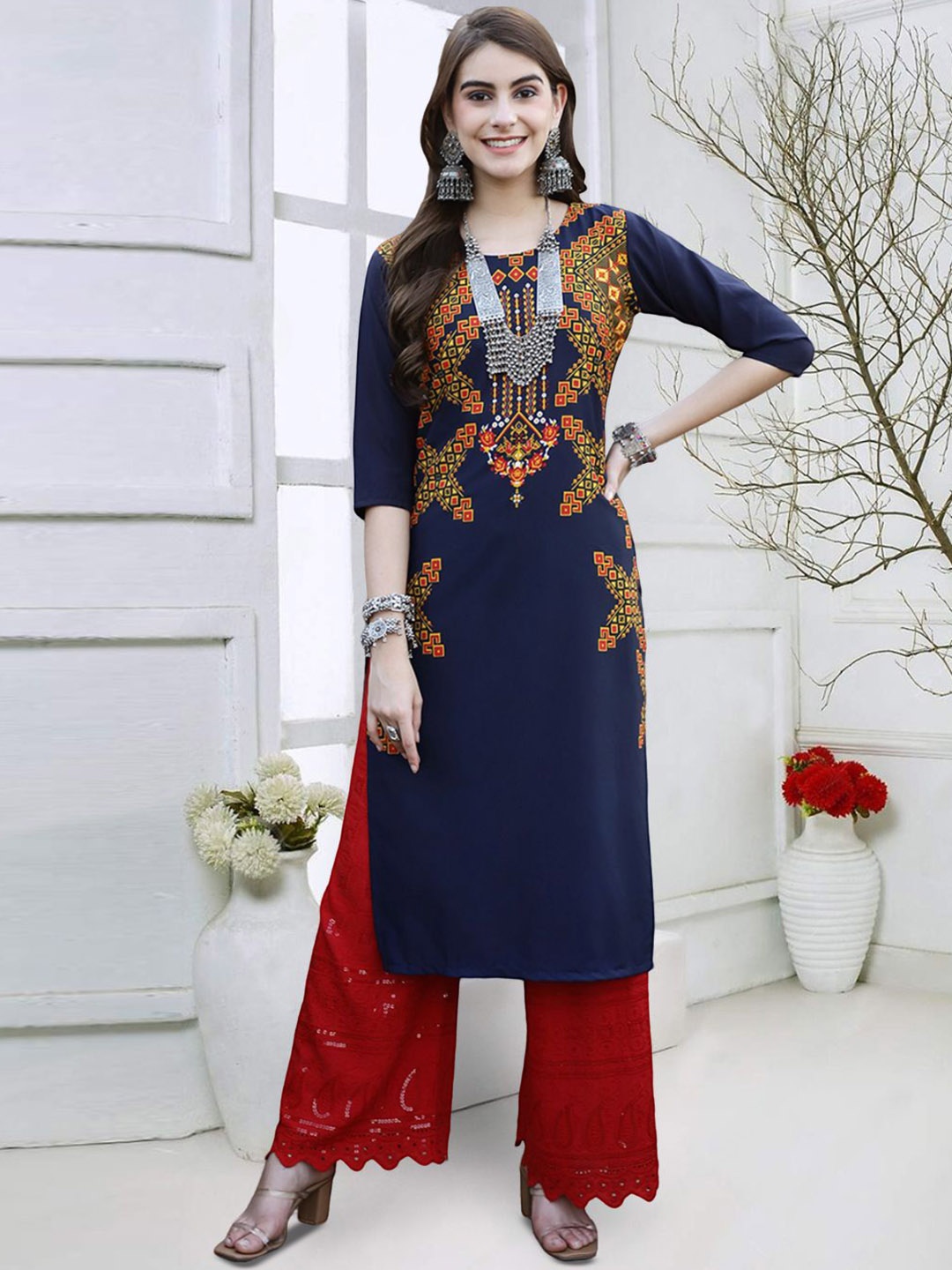 

7Threads Geometric Printed Straight Kurta, Blue