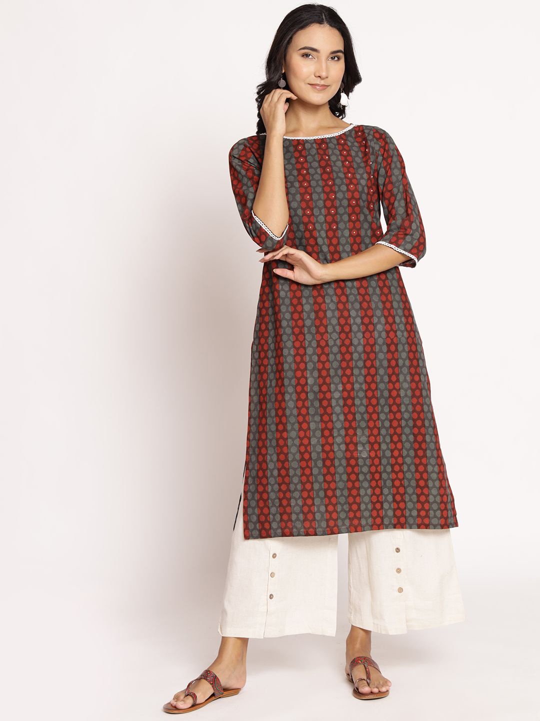 

Shree Geometric Printed Boat Neck Three Quarter Sleeves Cotton Straight Kurta, Grey