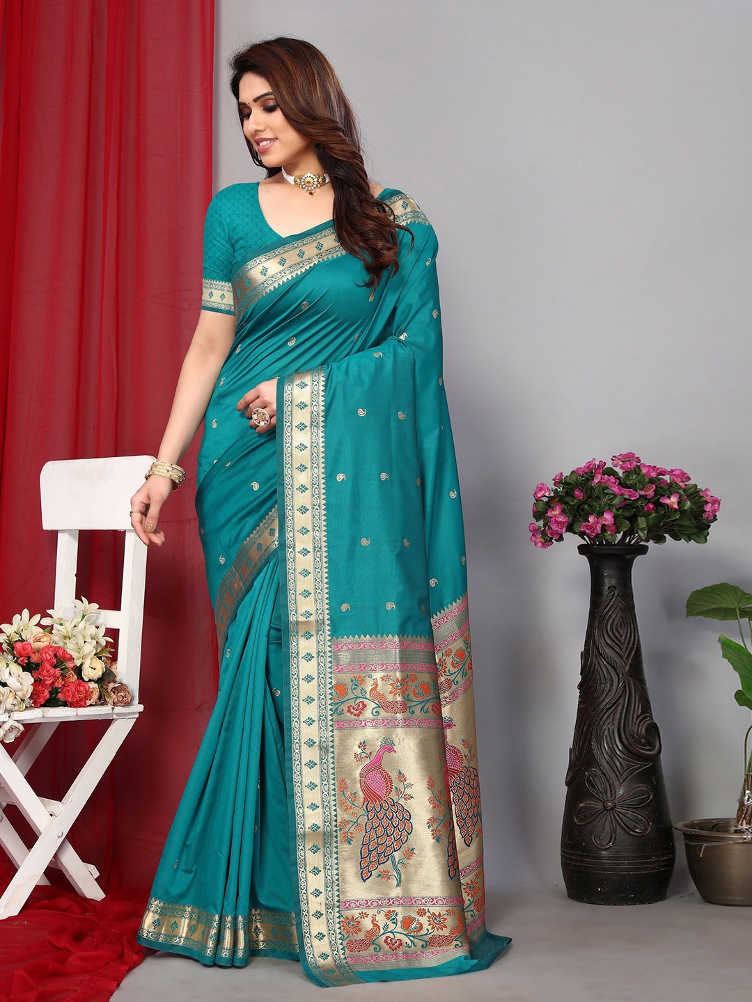 

Ekta Textiles Ethnic Motifs Zari Pure Silk Paithani Saree, Turquoise blue
