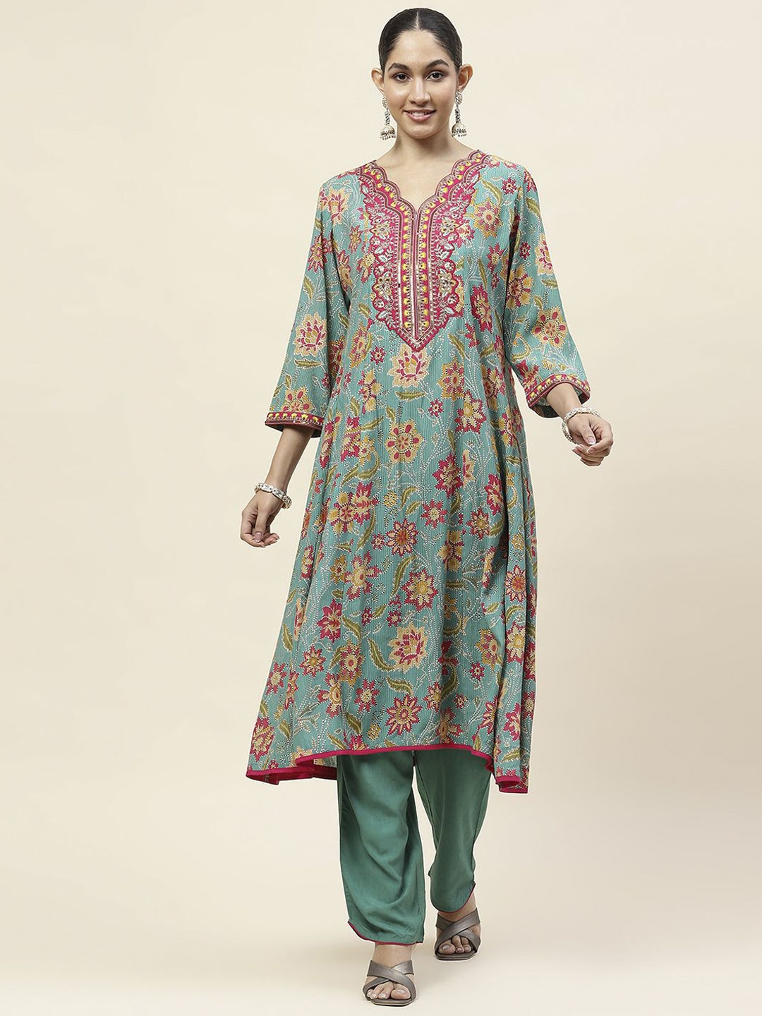 

Lakshita Floral Printed Sequinned A-Line Kurta With Trousers, Sea green