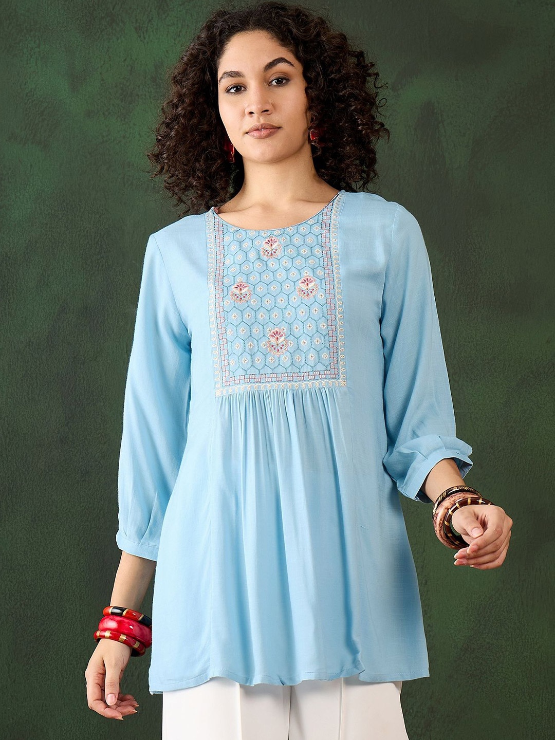 

Sangria Women Floral Embroidered Round Neck Top, Blue