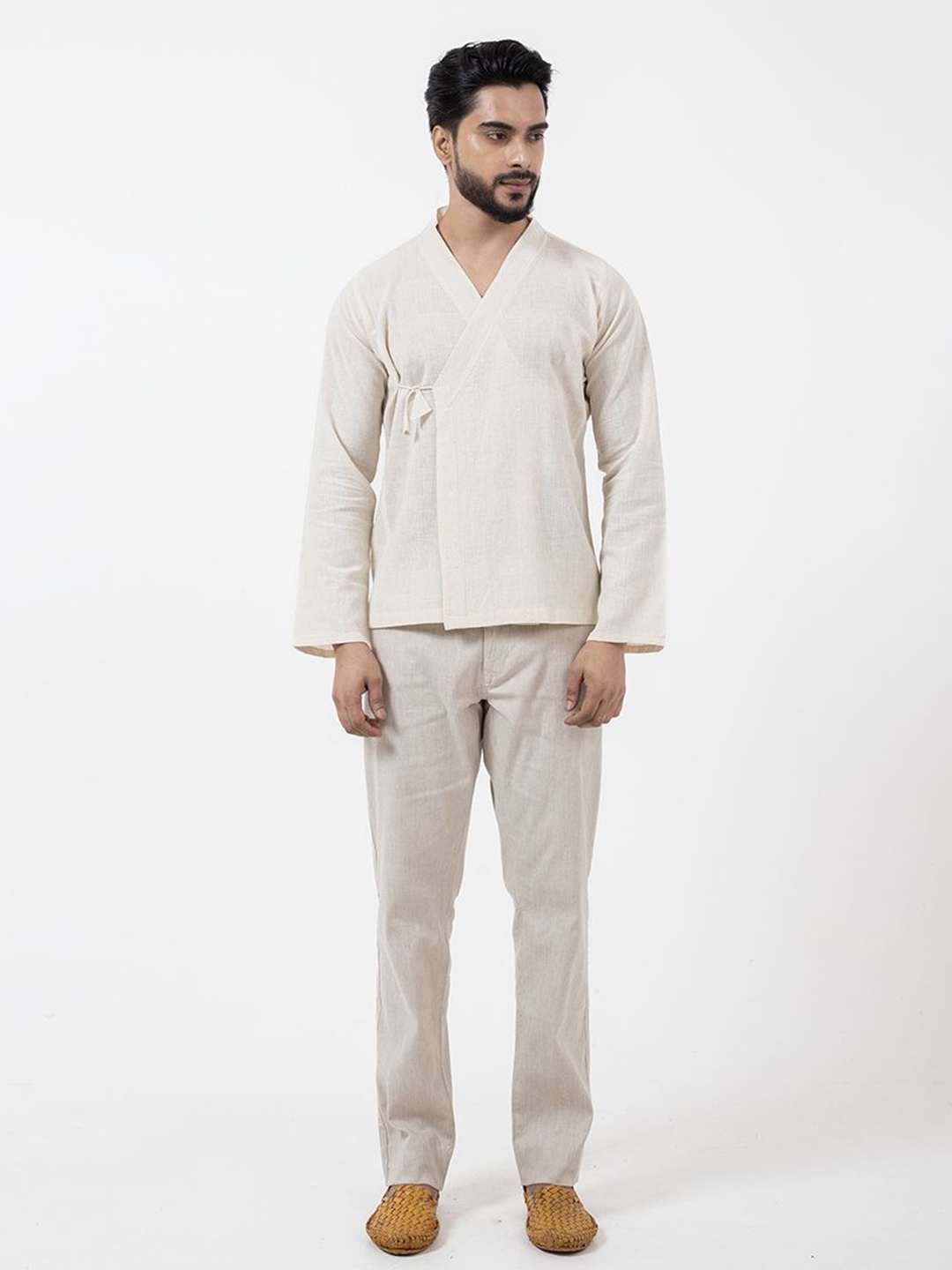 

Inkriti Men Classic Solid Pure Cotton Mughal Shirt, Off white