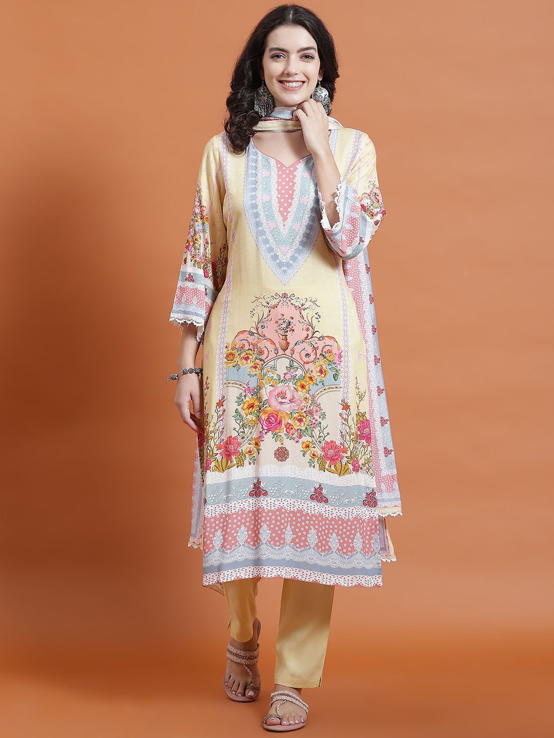 

Shree Floral Printed Liva Straight Kurta & Trousers With Dupatta, Yellow