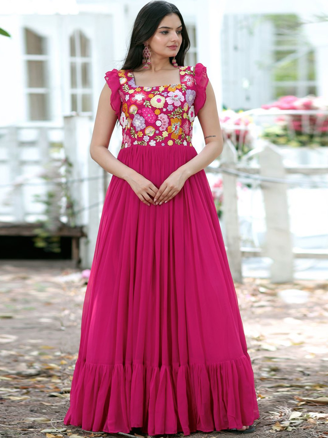 

KALINI Floral women Embroidered Flutter Sleeve Maxi Ethnic Dresses, Pink