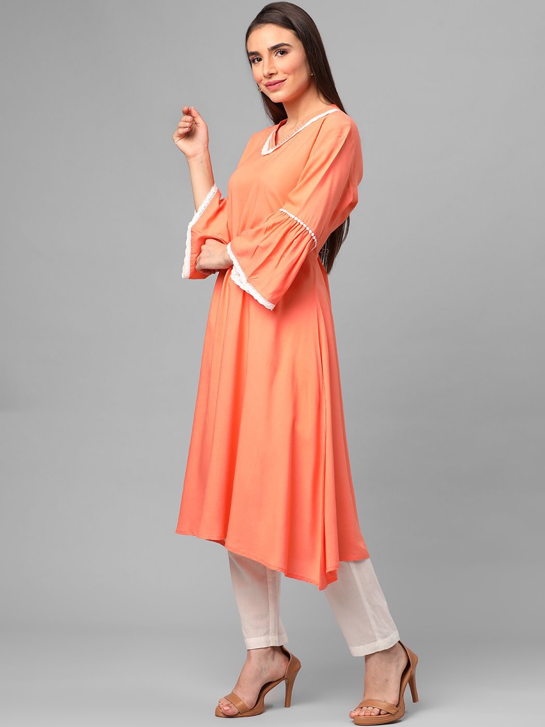 

Shree V-Neck Bell Sleeves Beads And Stones Liva A-Line Kurta, Peach