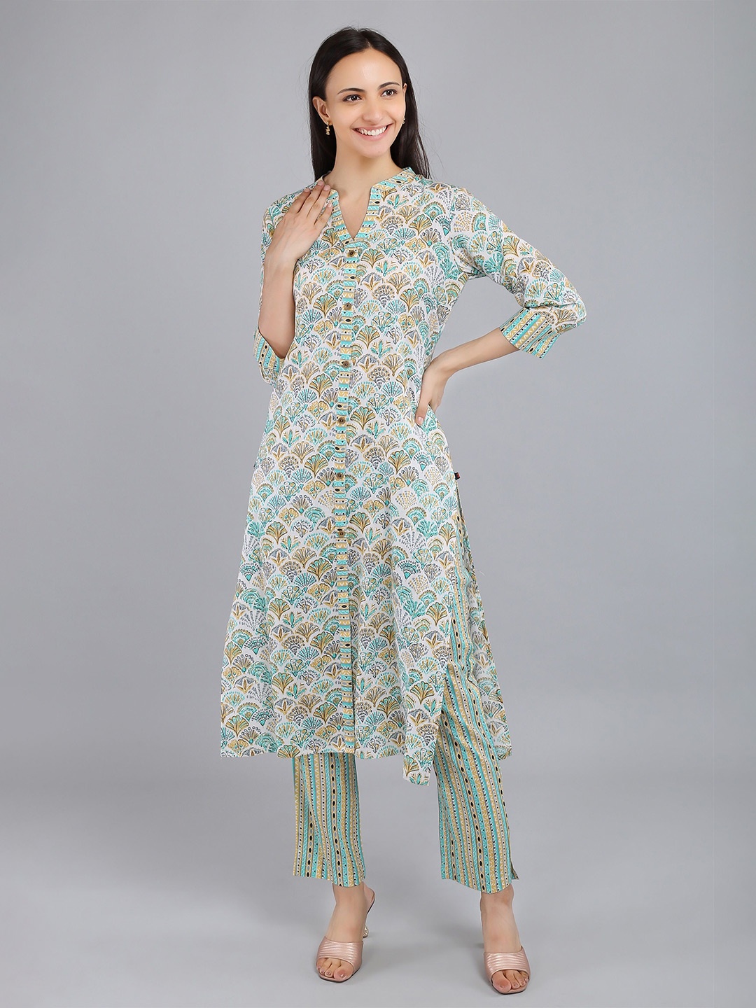 

Zari Jaipur Geometric Printed Pure Cotton Kurta, Green