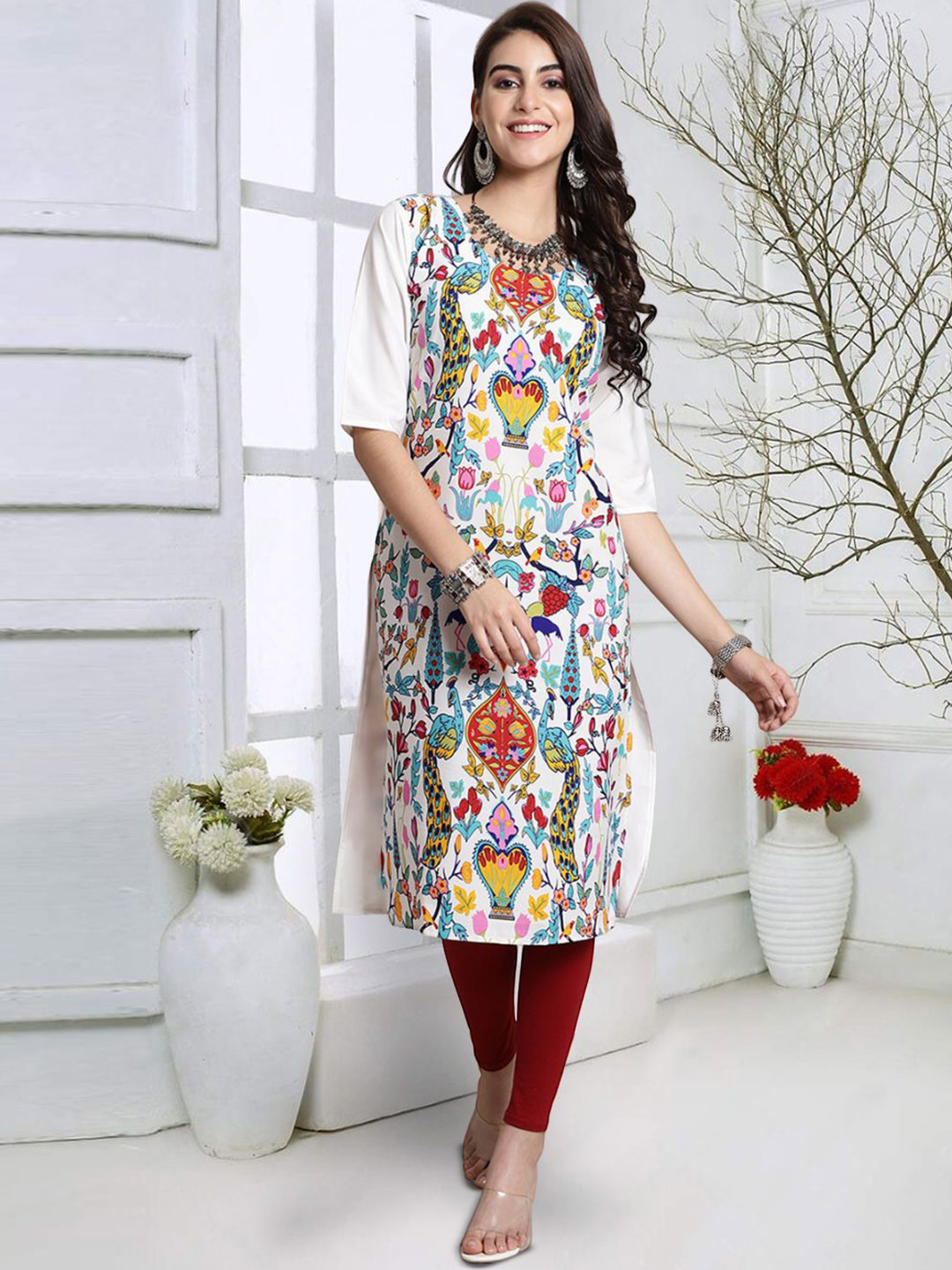 

7Threads Floral Printed Round Neck Regular Crepe Straight Kurta, White
