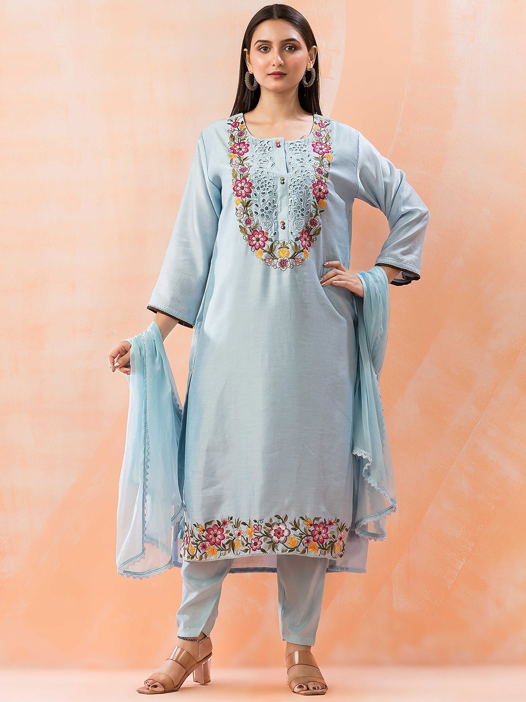 

SACRED SUTA Floral Embroidered Round Neck Straight Kurta with Trousers & Dupatta, Blue