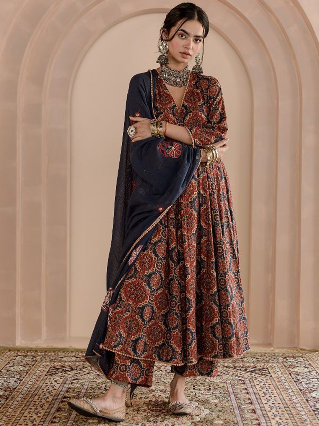 

GulaboJaipur Floral Printed V-Neck Pure Cotton Anarkali Kurta with Pyjama & Dupatta, Red