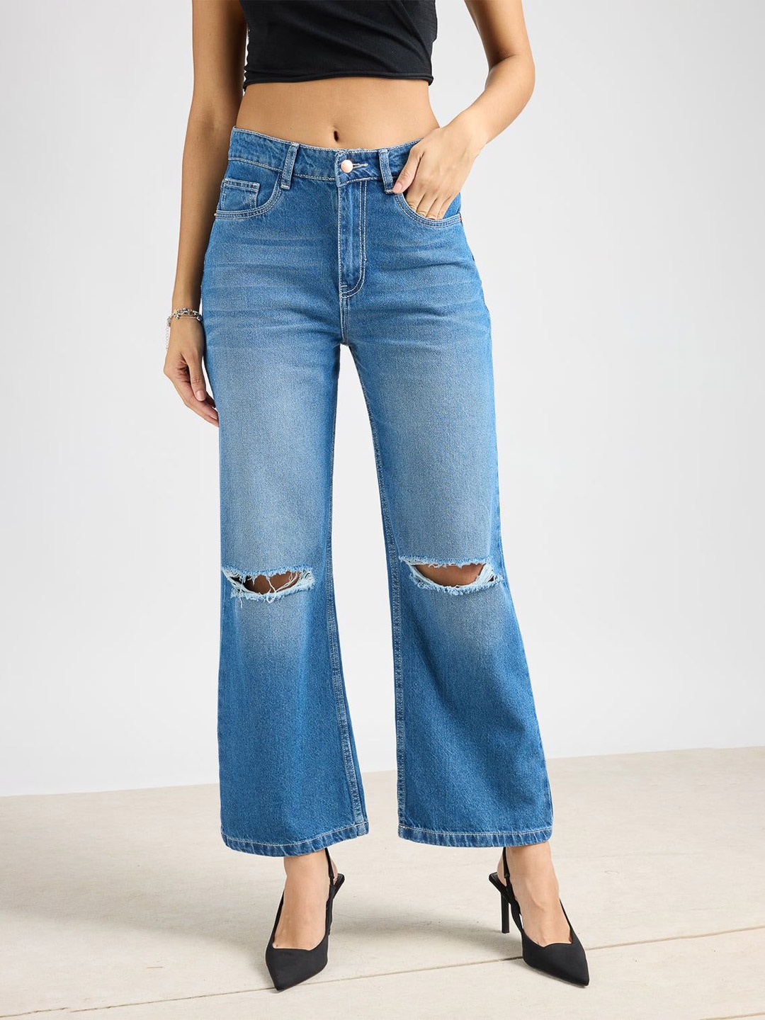 

FREAKINS Women Straight Fit High-Rise Slash Knee Cotton Jeans, Blue