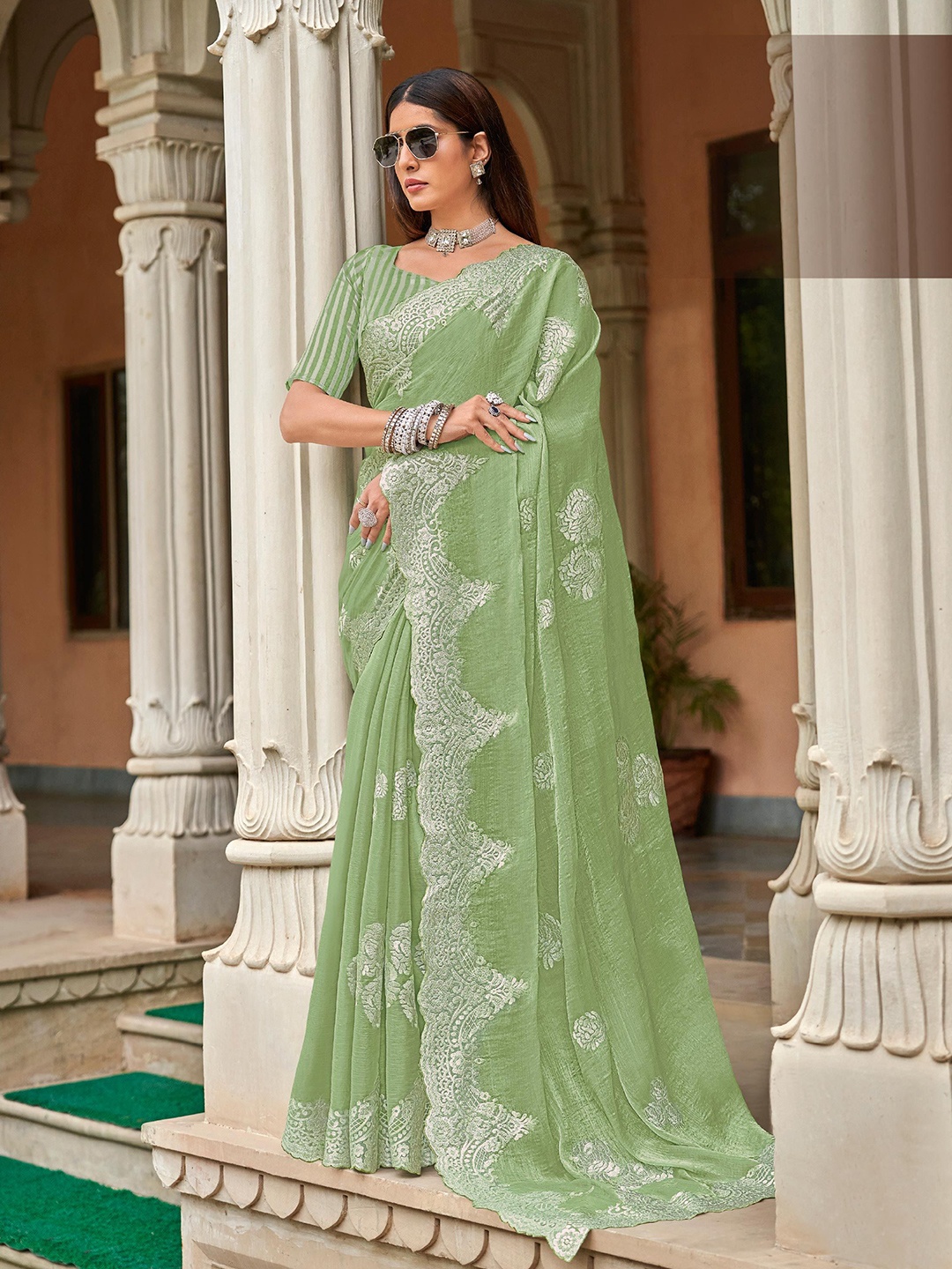 

Laxmipati Ethnic Motifs Embroidered Saree, Green